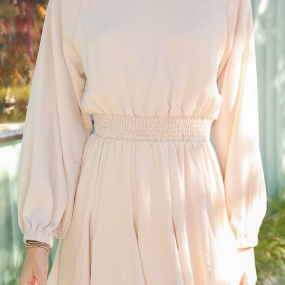 LUMIERE Cream Satin Long Sleeve Smocked Waist Mini Dress Flowy Chic - Picture 7 of 7